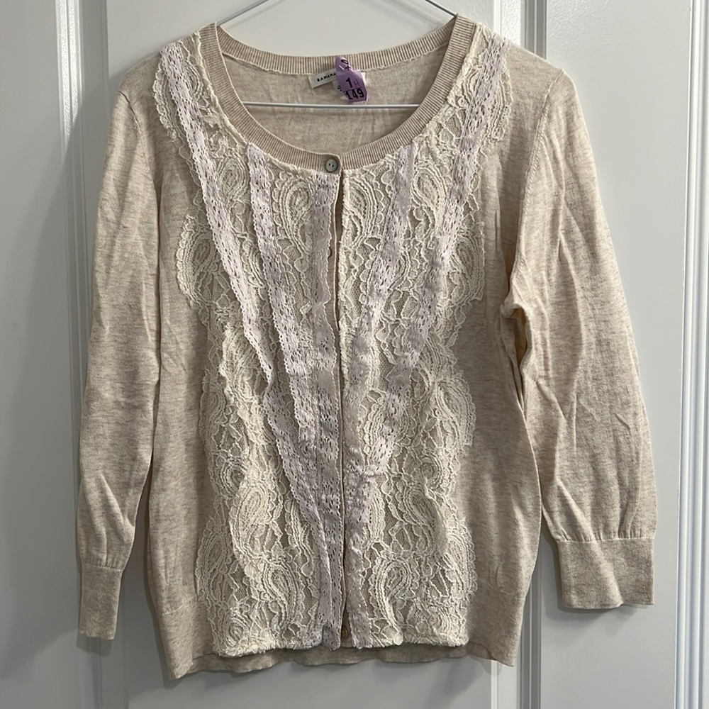 Banana Republic Cream with Lace Appliqués Cardigan L